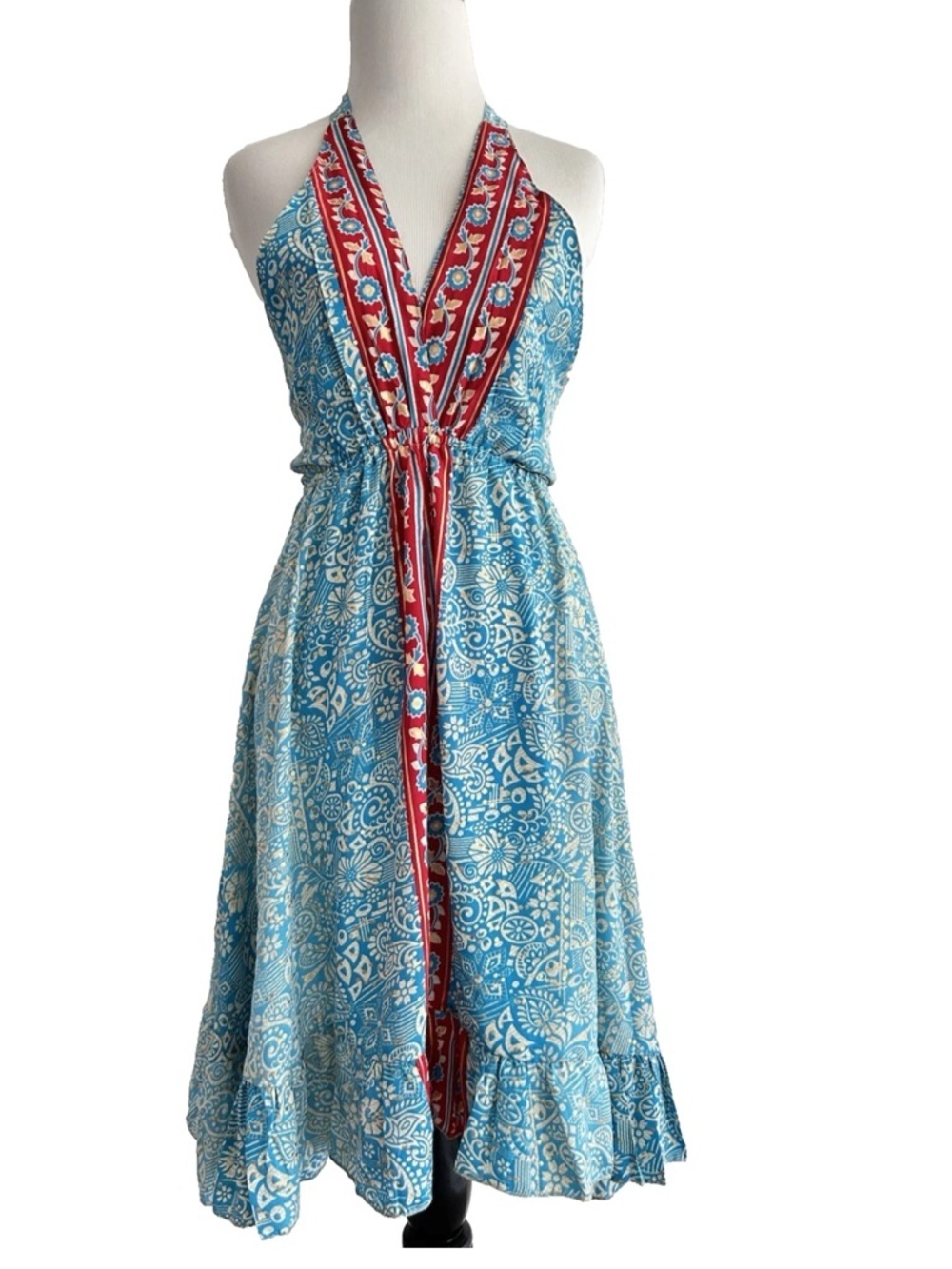 Ashley Taylor | Bohemian Halter Dress Womens One Size Blue Sheer Ruffle